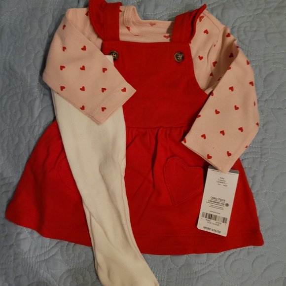 Extra Sweet! Carter's Baby 3-Piece Set-Red Jumper Pink Shirt White Tights 3M - Picture 2 of 14